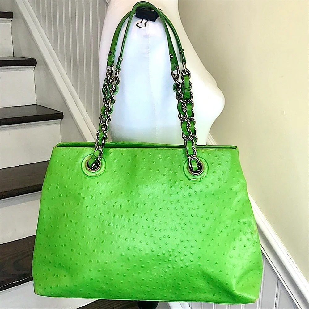 KATE SPADE Lime Green Embossed Ostrich Leather Oversized Tote w Silver Hardware